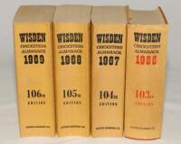 Wisden Cricketers’ Almanack 1966 to 1969. Original limp cloth covers with the exception of the 1966 which is an original hardback edition with dustwrapper. All three softback editions with some minor bowing to their spines and some minor soiling/darkening