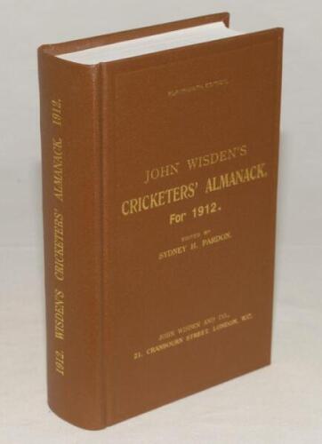 Wisden Cricketers‚‘ Almanack 1912. Willows hardback reprint (2001) in dark brown boards with gilt lettering. Un-numbered limited edition. Very good condition