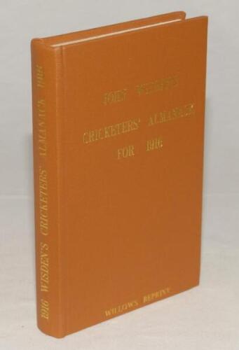 Wisden Cricketers‚‘ Almanack 1916. Willows softback reprint (1990) in light brown hardback covers with gilt lettering. Limited edition 852/1000. Very good condition