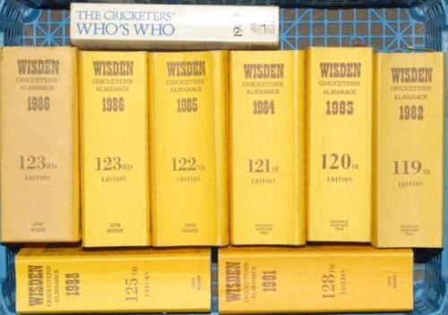 Wisden Cricketers’ Almanack 1982-1991. Seven editions in limp cloth covers, each signed by ‘Cricketers of the Year’ and others. Issues and signatures are 1982 Mike Procter, 1983 Trevor Jesty, 1984 Jeremy Coney (twice) and John Emburey, 1985 Pat Pocock, Ge