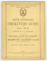 ‘The South Australian Cricketers’ Guide. For the Season 1884-85’. Compiled by W.O. Whitridge. 3rd (final) year of publication. Published by W.O. Whitridge, Adelaide 1877. Printed by W.K. Thomas & Co., Adelaide. 8vo. 50pp. Complete. Original printed paper 