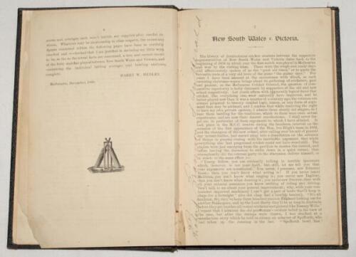 ‘At the Wickets. New South Wales versus Victoria [1856-1888]’. Harry W. Hedley ‘Mid-on of the Leader’. Centennial Printing & Publishing Ltd, Melbourne 1888. Bound in black cloth, lacking original wrappers. Also lacking title page. Red speckled page edges.