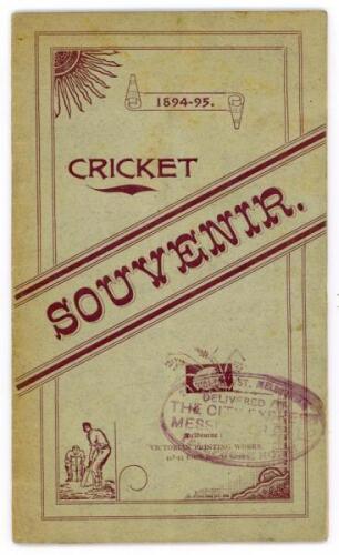 ‘Cricket Souvenir 1894-95’. Booklet published by the Victorian Printing Works, Melbourne. 24pp. Complete. The booklet comprises the results of the first four Tests with a scoring page for the final Test at Melbourne, to which newspaper cuttings with the m