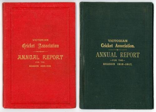 ‘Victorian Cricket Association Annual Report’ 1909/10 and 1916/17. Two official annual reports, the 1909/10 issue bound in original red cloth, printed by Modern Printing Co., Melbourne. The 1916/17 in original green cloth, printed by W. & J. Barr, Fitzroy