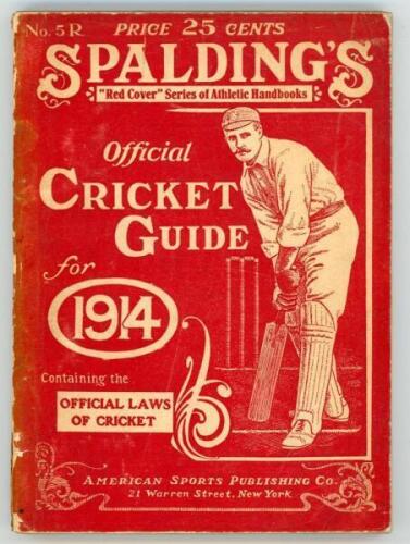 ‘Spalding’s Official Cricket Guide for 1914’. Edited by Frederick F. Kelly, American Sports Publishing Co. New York, No. 5R, 1912. Original red decorative paper wrappers. Padwick 1102. Some wear to spine and wrappers, otherwise in good condition