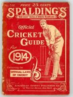 ‘Spalding’s Official Cricket Guide for 1914’. Edited by Frederick F. Kelly, American Sports Publishing Co. New York, No. 5R, 1912. Original red decorative paper wrappers. Padwick 1102. Some wear to spine and wrappers, otherwise in good condition