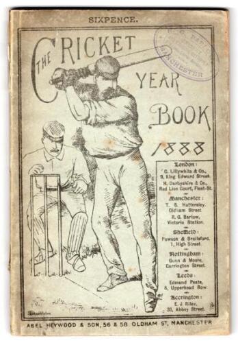 ‘The Cricket Year Book 1888’. Published by Abel Heywood & Son, Oldham Street, Manchester. Original pictorial boards. Stamp for R.G. Parker, Cricket and Football Outfitter, Manchester to front cover. Padwick 1051. Some wear and nicks to spine, some soiling