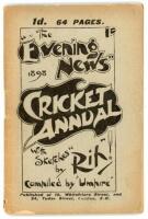 ‘Evening News Cricket Annual’ 1898. Compiled by ‘Umpire’. Sketches by ‘Rip!’. Association Newspapers. Second year of issue. Original decorative paper wrappers. 64pp. Padwick 1070. Slight age toning and wear to wrappers, otherwise in good condition