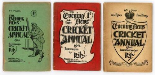 ‘Evening News Cricket Annual’ 1900, 1901 & 1902. Sketches by ‘Rip!’. Association Newspapers. Fourth, fifth & sixth years of issue. Original decorative paper wrappers. Padwick 1070. 1900 issue wrappers detached and split with some loss, some age toning to 