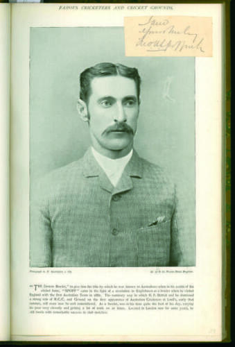 ‘Famous Cricketers and Cricket Grounds 1895’. Edited by C.W. Alcock. Published by Hudson & Kearns of London 1895. Bound in mottled brown and blue boards with title page and index. The book has been greatly enhanced by the addition of ninety seven signatur