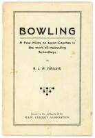 ‘Bowling. A Few Hints to assist Coaches in the work of instructing Schoolboys’. R.J.A. Massie. Issued by the authority of the New South Wales Cricket Association, Sydney 1926. Printed by Beatty, Richardson & Co., Sydney. 34pp illustrated booklet with orig