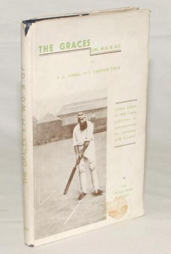 ‘The Graces. E.M., W.G. & G.F.’. A.G. Powell and S. Canynge Caple. London 1948. D/W. Limited edition of 1000 numbered copies of which this is number 361. Dustwrapper. Odd nick and stain to dustwrapper, good. Sold with ‘W.G. Grace 1848-1915’. A.N.B. Sugden