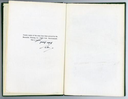 ‘Desmond Eagar, a memoir on his retirement from first-class cricket’. John Arlott. Southampton. Hampshire C.C.C. 1958. Privately printed. 6 pages. Limited edition of twenty copies of which this is a proof copy, signed by the author Arlott. Rare. Good/very