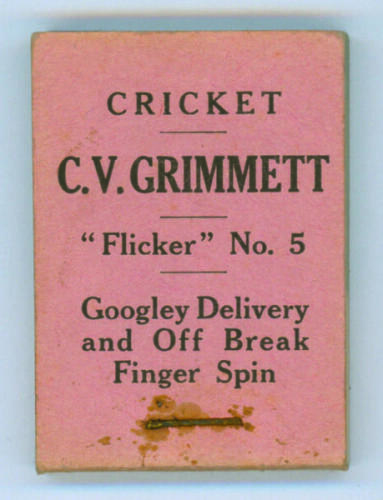 ‘Cricket. C.V. Grimmett Flicker Book. No. 5, ‘Googley Delivery and Off Break Finger Spin’. Published by Flicker Productions Ltd, London in 1930. Very minor wear and slight staple rusting to covers otherwise in very good condition