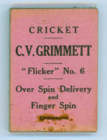 ‘Cricket. C.V. Grimmett Flicker Book. No. 6, ‘Over Spin Delivery and Finger Spin’. Published by Flicker Productions Ltd, London in 1930. Very minor wear and slight staple rusting to covers otherwise in very good condition