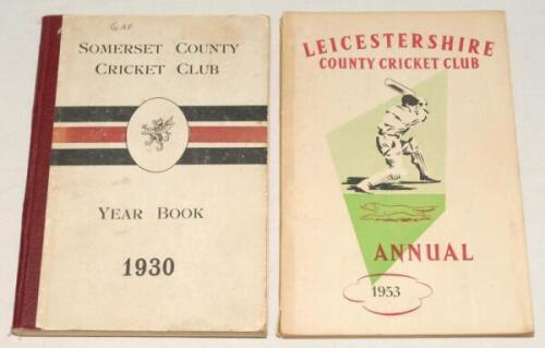 County Cricket Club Annuals/Year Books. Somerset County Cricket Club Year Book 1930. Wessex Press. Taunton 1931. Original decorative boards. Initials handwritten to top border of front cover, slight soiling to boards otherwise in good condition. Sold with