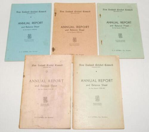 New Zealand Cricket Council Annual Report and Balance Sheet 1937/38-1961/62. Five original booklets issued for seasons 1938/39, 1939/40, 1940/41, 1945/46 and 1946/47. Wear and soiling to some wrappers, rusting to staples, otherwise in good condition. Sold