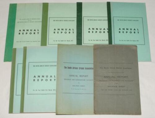 South African Cricket Association Annual Report, Revenue and Expenditure Account and Balance Sheet’ 1924-1978. Official reports bound in paper wrappers for years ending 1924, 1931, 1974 (2 copies), 1975, 1976, 1977 and 1978. Some creasing to the wrappers 