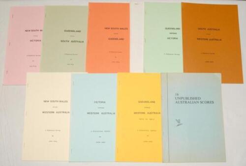 Australian State Cricket. Nine ‘Statistical Surveys’ by John King, published 1982-1989, each survey providing a summary of matches played between the five States. Each signed by the author. Subjects covered are Queensland v Western Australia, Victoria v W