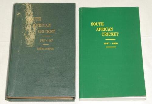 ‘South African Cricket 1927-1947’. Volume III. Compiled by Louis Duffus for the South African Cricket Association. Johannesburg 1948. Original green cloth with protective film applied. Gilt titles to front and spine. Also Volume IV covering 1947-1960, sof