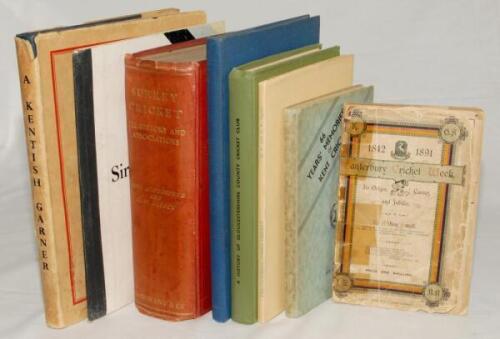 County cricket histories. Fifteen mainly hardback County histories. Kent titles include ‘Canterbury Cricket Week 1842-1891’, H. Milton Small, Canterbury 1891. Paper wrappers in poor condition with heavy wear, loss to spine and old tape repairs. ‘66 Memori