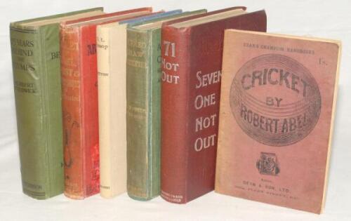 Pre-war cricket biographies and autobiographies. Five hardback titles and one softback. ‘Cricket and How To Play It’, Robert Abel, London 1895, limp cloth covers, breaking to page block, soiling to wrappers. ‘Seventy-One Not Out’, William Caffyn, Edinburg