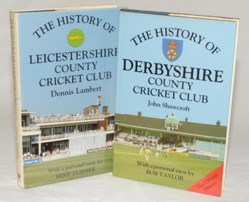 Christopher Helm county histories. Two multi-signed county histories. ‘The History of Leicestershire County Cricket Club’, Dennis Lambert 1992. Eighteen signatures to the title page including M.J.K. Smith, George Dawkes, Phil DeFreitas, Charles Palmer, Ja