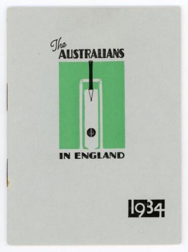 Australia tour 1934. ‘The Australians in England’. Small 20pp souvenir brochure for the Australian tour of England. Published by the Manchester Guardian. Pictorial covers. The booklet, with original compliment slip card, is contained in the envelope it wa