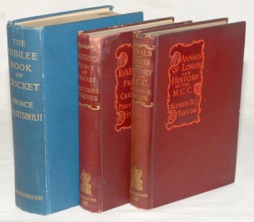 Kumar Shri Ranjitsinhji. Two titles. ‘The Jubilee Book of Cricket’, Prince K.S. Ranjitsinhji, London, first edition 1897. Original blue cloth. ‘Ranjitsinhji. Prince of Cricket’, Percy Cross Standing, Arrowsmith, Bristol, first edition 1903. Also ‘Annals o