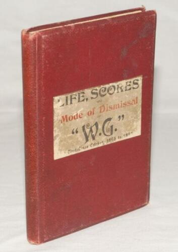 ‘Life, Scores and Mode of Dismissal of ‘W.G.’ in first-class cricket, 1865 to 1896. With summary of results’. Compiled by Rev H.A. Tate. London second edition 1896. Bound in contemporary maroon cloth, lacking original paper wrappers, with portion of origi