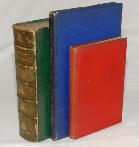 Surrey cricket. Three first edition titles. ‘Surrey Cricket, Its History and Associations’, Lord Alverstone & C.W. Alcock, London 1902. Bound in green cloth and quarter calf with gilt title and stumps emblems to spine with raised bands. H.A. Cohen sale pl