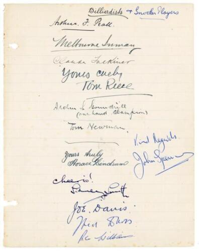 Billiards and snooker signatures, early 1900s onwards. Ruled page nicely signed in black and blue ink by twelve billiards and snooker players. Signatures include Joe Davis, World Snooker Champion fifteen times 1927-1948, and World Billiards Champion four 