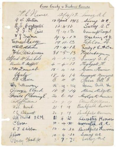 Athletics 1912-1920. Three ruled pages, one titled &lsquo;Cross Country & Distance Runners&rsquo;, nicely signed in black ink by twenty four athletes. Notable names include Percy Hodge, gold medal at 3000m steeplechase in the 1920 Olympics. George Hutson, bronze meda