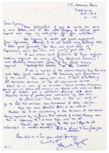 Speedway. Fred Rogers. Handwritten two page letter from Rogers, dated 12th January 1995, replying to a request for his autograph. He writes at some length about continuing to enjoy speedway, claiming that ‘the true and great days of speedway were pre war 