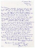 Speedway. Fred Rogers. Handwritten two page letter from Rogers, dated 12th January 1995, replying to a request for his autograph. He writes at some length about continuing to enjoy speedway, claiming that ‘the true and great days of speedway were pre war 