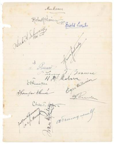 Shooting. Early 1900s. Ruled page titled ‘Marksmen’, with fourteen signatures in ink. Names include Robert Davies who competed in two events at the 1912 Olympics. Other names include Herbert Schwarze, [?] Ricard, Leroy J. Brown, H.M. Osborn, Fran H. Riley