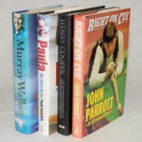 Signed sporting autobiographies/ biographies. Four original hardbacks with good dustwrappers, each signed by the subject. Titles are ‘Right On Cue’, John Parrott, London 1991. ‘Henry Cooper’, Robert Edwards, London 2002. ‘Unless I’m Very Much Mistaken’, M