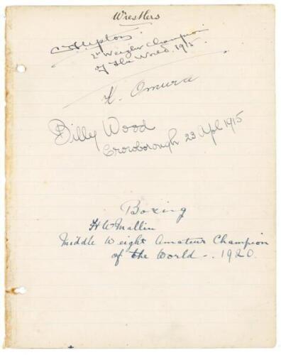 Boxing and Wrestling. Ruled page nicely signed in ink by the boxer, Harry Mallin, British Amateur middleweight champion 1919-1923, world champion 1920-1928, and Olympic gold medalist in 1920 and 1924. He remains the only male boxer to successfully defend 