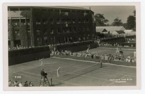 Wimbledon Championships c.1920s. Rare original and early mono real photograph postcard of gentlemen’s doubles matches in progress on outer courts with the Centre Court in the background. Edwin Trim & Co. of Wimbledon, no. T103. Postally unused. Excellent 