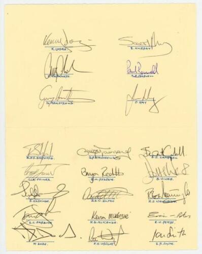 Rugby union. ‘Scottish Rugby Union Squad’ 1996 & 2005. Three folding cards, each fully signed in ink to the inside by members of Scotland teams. Matches are v France at Murrayfield, 3rd February 1996 (21 signatures), v Wales at Cardiff 17th February 1996 