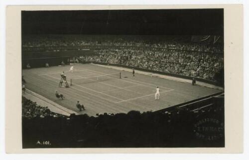 Wimbledon Ladies Championships 1920s. Rare original and early mono real photograph postcard of a ladies singles match in progress on Centre Court. Players unknown. Blind embossed stamp for Edwin Trim & Co. of Wimbledon to lower right corner, series no. A.