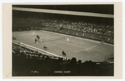 Wimbledon Gentlemen’s Championships 1920s. Rare original and early mono real photograph postcard of a gentlemen’s singles match in progress on Centre Court. Players unknown. Blind embossed stamp for Edwin Trim & Co. of Wimbledon to lower right corner, ser