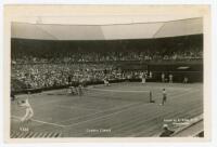 ‘Wimbledon Centre Court’ 1936. Original mono action real photograph postcard with a men’s third round singles match in progress, Christian Boussus v Gottfried von Cramm. Card no. V103 in a series issued by Edwin Trim & Co. of Wimbledon, publishers name pr