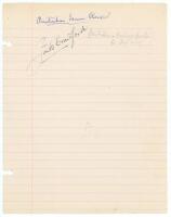 Jack Crawford, Australian tennis champion. Ruled page signed in ink by Crawford. Sold with two similar pages of 1959 Davis Cup players, one signed by five members of the Great Britain team, the other by three members of the Chile team. Signatures include 