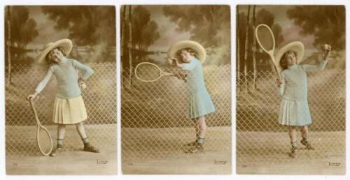 ‘Girl Tennis player’. Series of five attractive colour postcards of a young girl wearing a large straw hat and playing with a tennis racket and ball, various shots and poses. Postcards by ‘Lutetia Series’. No 152, European editions. Postally unused. Good/