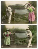 ‘Tennis by the lake’. Pair of early Edwardian chromolithographic colour postcards of a man and a woman in tennis pose by a lake. Published by J.W. Berlin, Graficas, and numbered 199/4 and 199/6. Postally unused.Very good condition