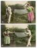 ‘Tennis by the lake’. Pair of early Edwardian chromolithographic colour postcards of a man and a woman in tennis pose by a lake. Published by J.W. Berlin, Graficas, and numbered 199/4 and 199/6. Postally unused.Very good condition