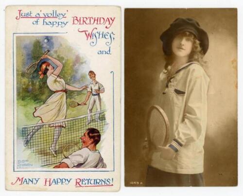 Early tennis postcards. ‘Just a volley of happy Birthday Wishes and Many Happy Returns’, postcard with colour tennis scene, by Fred Spurgin, c. 1920. ‘Art and Humour ‘Humorous Birthday’ Series no. 973. Postally unused. Minor soiling, otherwise in good con