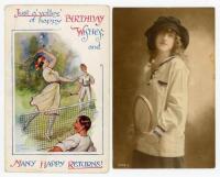 Early tennis postcards. ‘Just a volley of happy Birthday Wishes and Many Happy Returns’, postcard with colour tennis scene, by Fred Spurgin, c. 1920. ‘Art and Humour ‘Humorous Birthday’ Series no. 973. Postally unused. Minor soiling, otherwise in good con