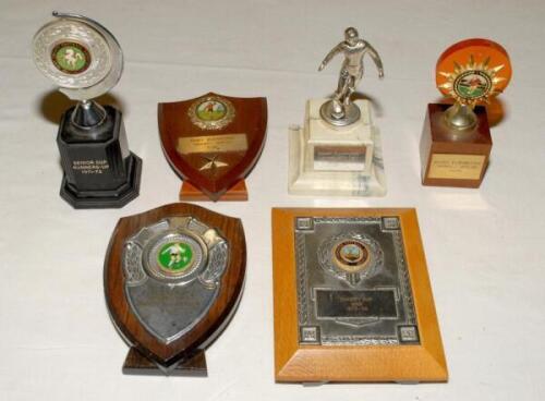 Football club trophies 1970s. A collection of six trophies/ shields awarded to amateur footballer, Barry Newman, playing for London football clubs in the 1970s. Trophies are ‘Kent F.A. Senior Cup Runners-up [Dartford F.C.] 1971/72’, ‘Essex Elizabethan Tro